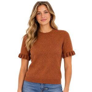 La Maille Sezane Paris Rust Orange Metallic Knit Ruffle Sleeve Sweater Top Small